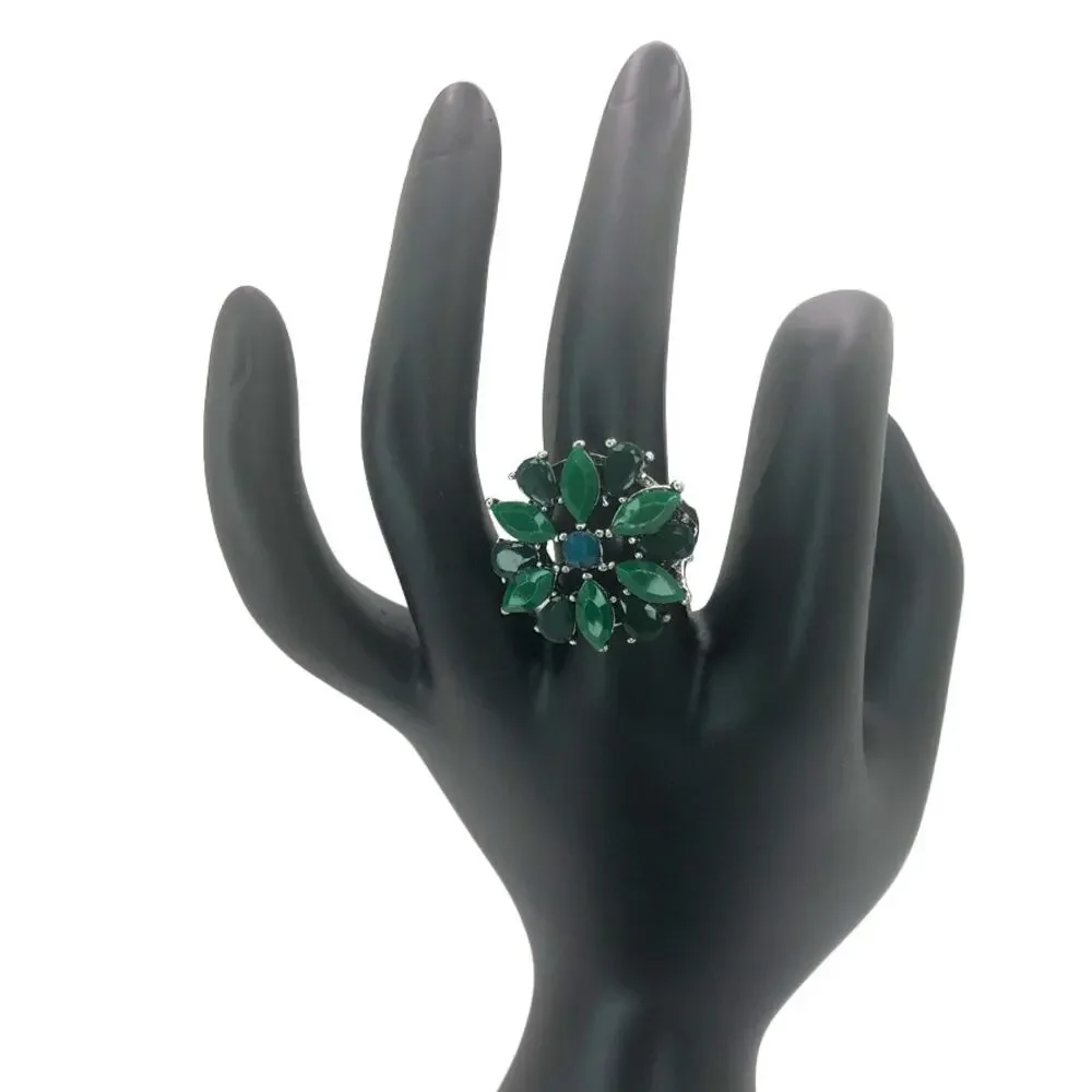 Silver and Green Flower Rhinestone Statement Ring - Size 8